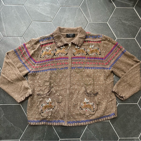 Brown Chunky Knit Reindeer Gloves Fair Isle Zip Cardigan Sweater - Picture 1 of 9